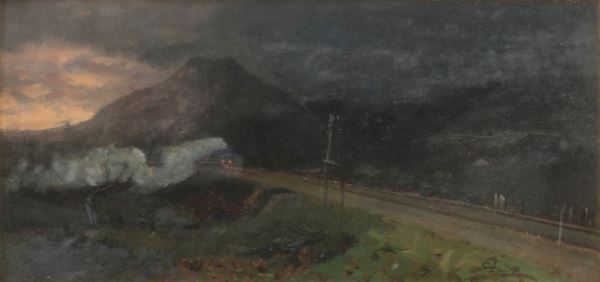 DIPINTO PAESAGGIO CON TRENO F.TO C.LANDRI