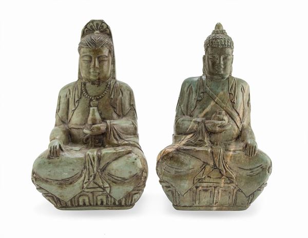 COPPIA DI SCULTURE CINESI DI GUANYIN E BUDDHA