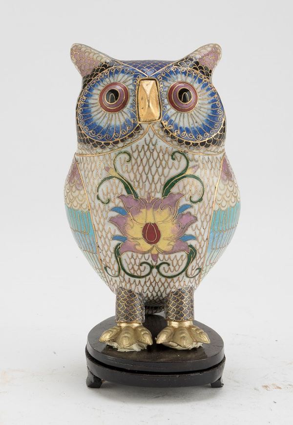 SCULTURA DI CIVETTA A SMALTI CLOISONN&#200; CINA