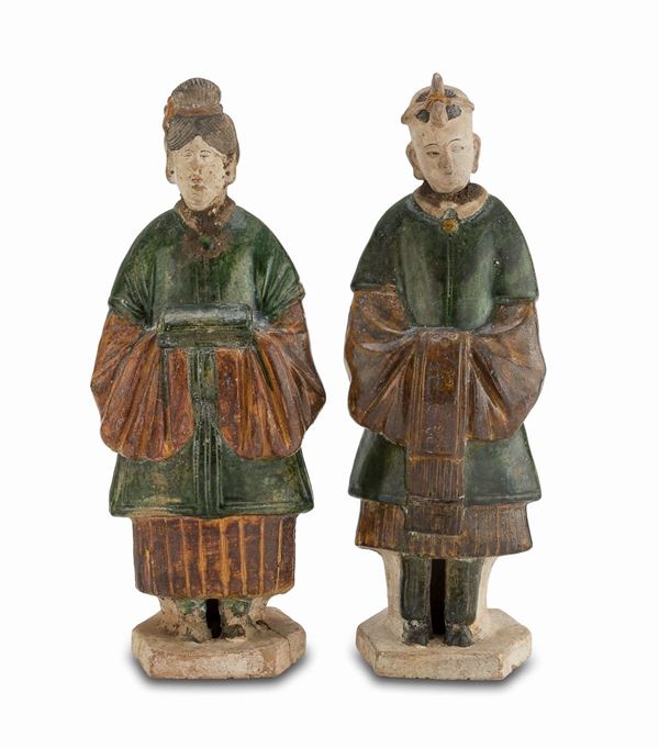 COPPIA DI SCULTURE IN CERAMICA INVETRIATA, CINA