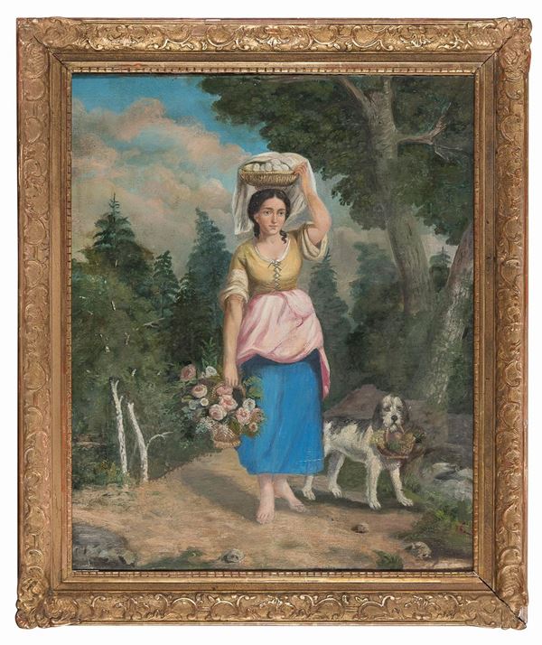 DIPINTO DONNA E CANE CON FIORI