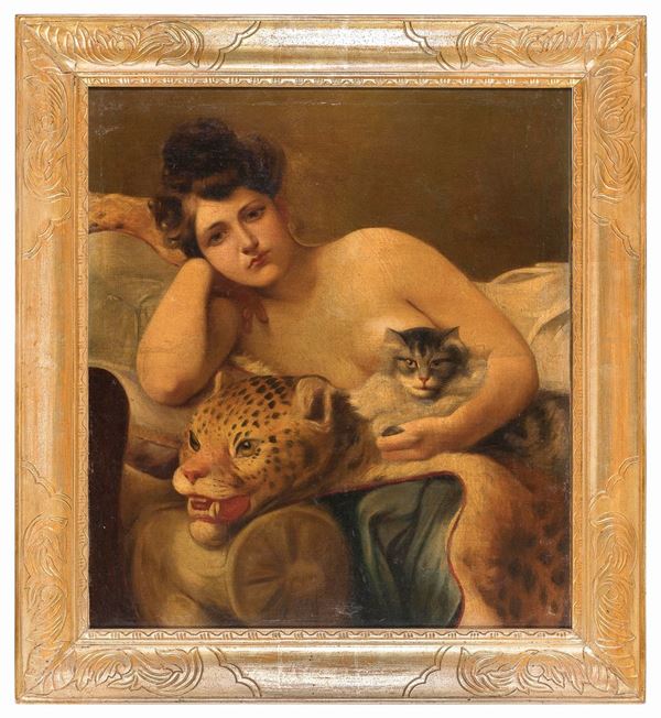 DIPINTO FANCIULLA CON PELLE DI LEOPARDO E GATTO