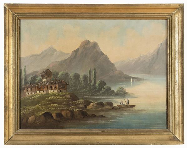 PAESAGGIO LACUSTRE CON PESCATORI