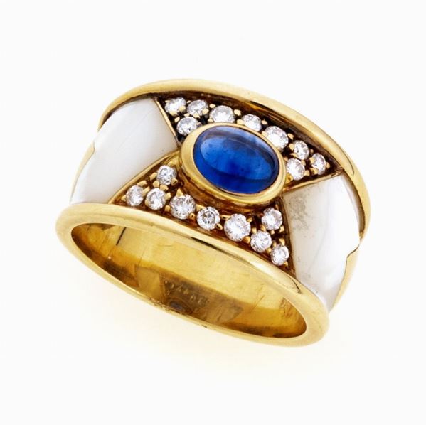 ANELLO CON ZAFFIRO, BRILLANTI E MADREPERLA