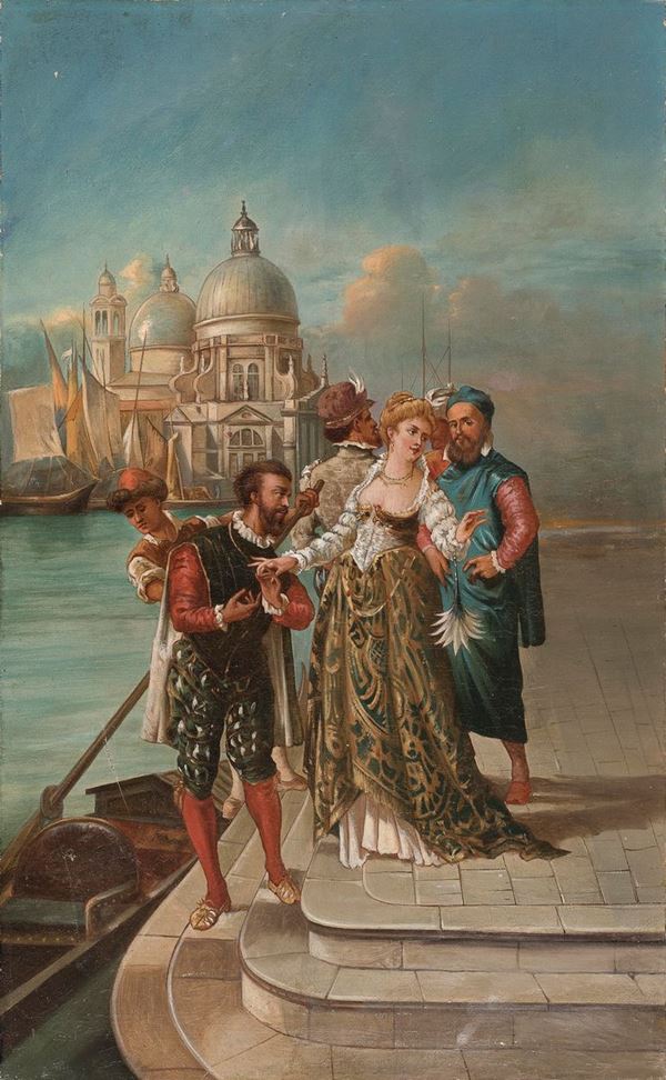 DIPINTO SCENA GALANTE IN ABITI CINQUECENTESCHI SULLA BANCHINA DI VENEZIA