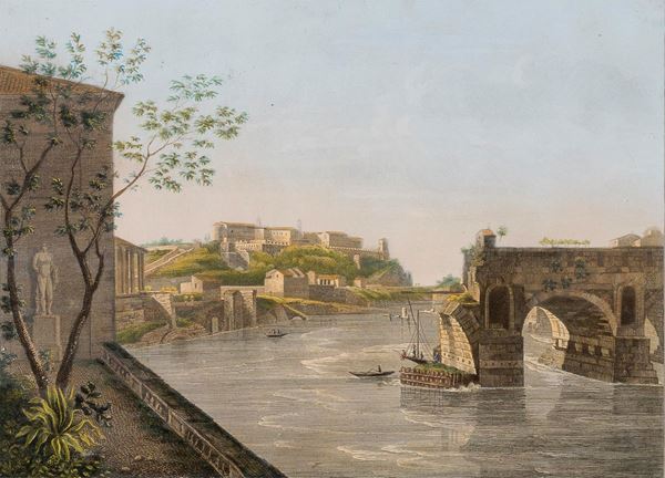 COPPIA DI ACQUERELLI SU DELINEATO VEDUTE ROMA ANTICA