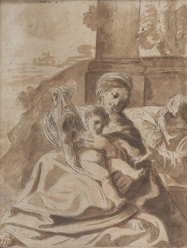 ACQUERELLO SACRA FAMIGLIA DI SEGUACE DI PIER FRANCESCO MOLA