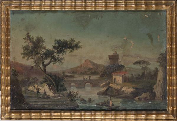 DIPINTO PAESAGGIO FLUVIALE CON PONTE E POPOLANI