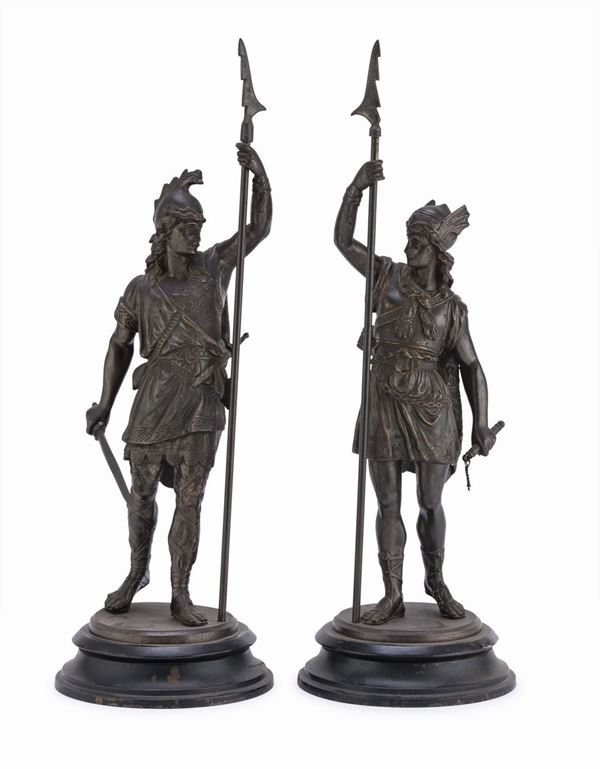 COPPIA DI SCULTURE DI GUERRIERI IN METALLO