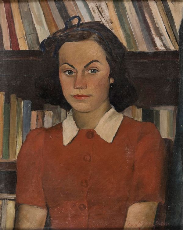 DIPINTO DONNA IN BIBLIOTECA