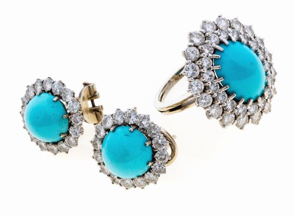 PARURE DI COPPIA DI ORECCHINI E ANELLO CON TURCHESE E BRILLANTI