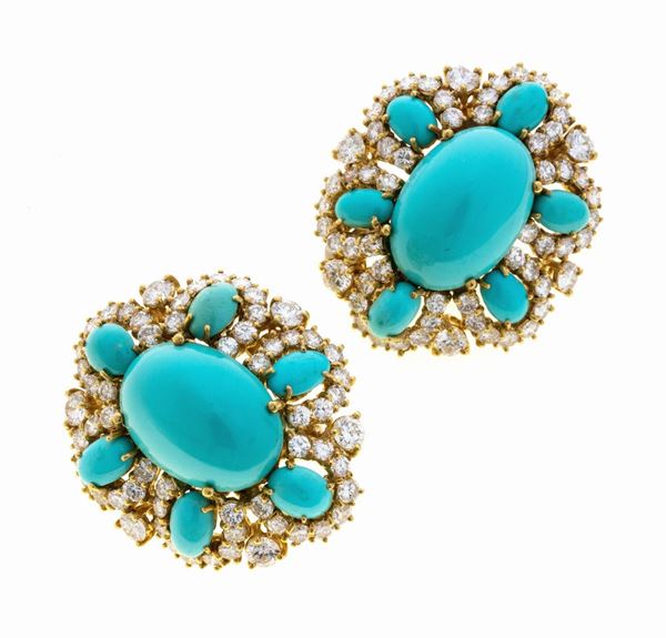 COPPIA DI ORECCHINI CON TURCHESI E BRILLANTI