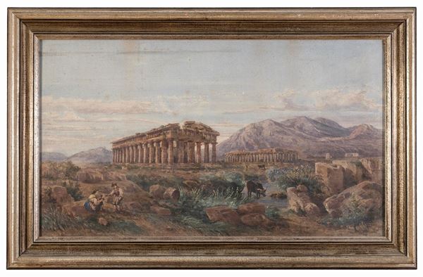 ACQUERELLO VEDUTA DI PAESTUM DI LUIGI LANZA