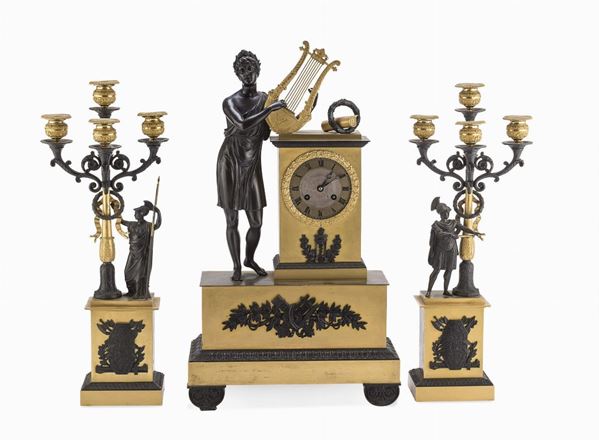 TRITTICO DA CAMINO IN BRONZO IMPERO