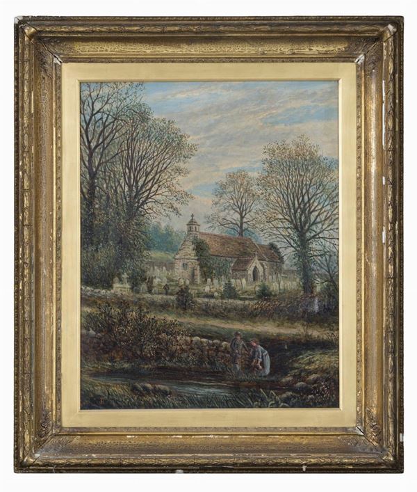 DIPINTO PAESAGGIO CON CHIESA DI SCUOLA INGLESE