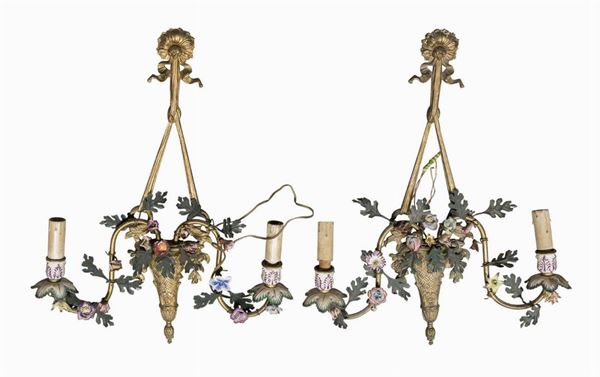 COPPIA DI APPLIQUES IN BRONZO E PORCELLANA