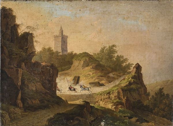 PAESAGGIO CON CAVALIERI UNGHERESI DI PITTORE TEDESCO
