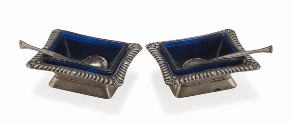 COPPIA DI SALIERE IN ARGENTO E VETRO, ITALIA