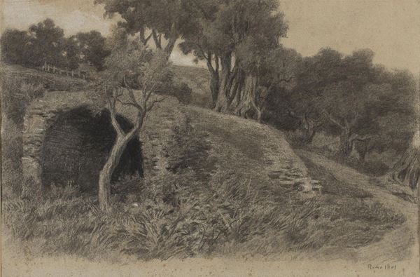 PASTELLO CAMPAGNA ROMANA DI ETTORE FERRARI