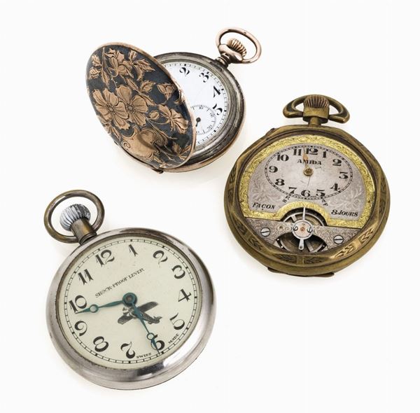 TRE OROLOGI DA TASCA, LONGINES, AMIDA E SHOCK PROOF LEVER