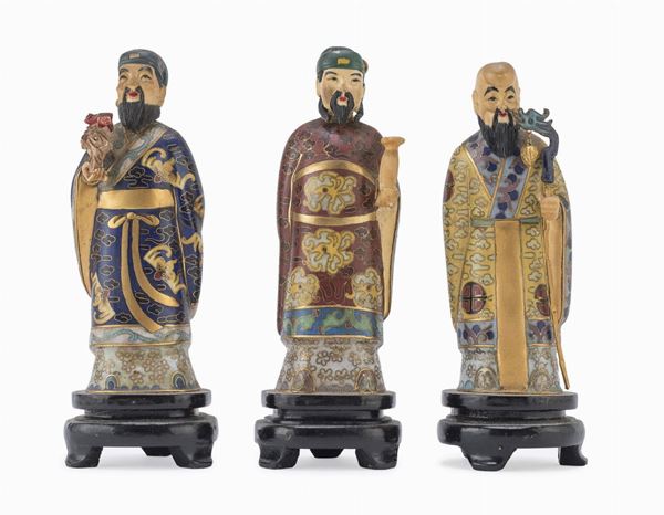 TRE SCULTURE CLOISONN&#200; DI FU LU SHOU, CINA