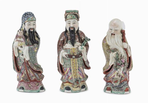 TRE SCULTURE DI FU LU SHOU IN PORCELLANA, CINA