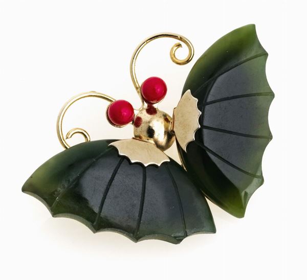 SPILLA CON GIADA E CORALLO, PERIODO ART NOUVEAU