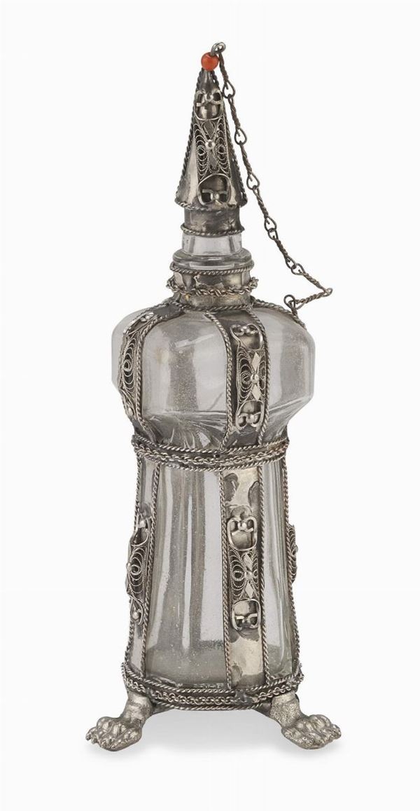 BOTTIGLIETTA IN VETRO E SILVERPLATED, INDIA O NEPAL