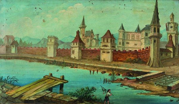 DIPINTO NAIF CITT&#193; SUL FIUME
