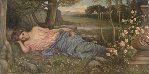 DIPINTO FANCIULLA DISTESA TRA I FIORI SIGLA R.B.