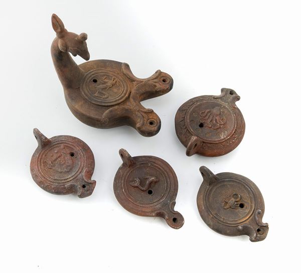 CINQUE LUCERNE IN TERRACOTTA, XIX SECOLO