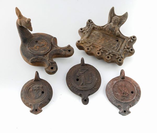 CINQUE LUCERNE IN TERRACOTTA, XIX SECOLO