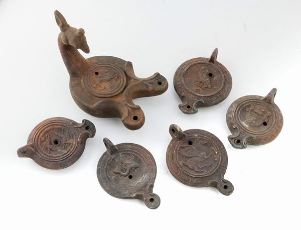 CINQUE LUCERNE IN TERRACOTTA, XIX SECOLO