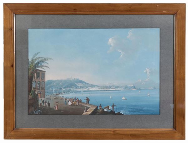 GOUACHE NAPOLI DA MERGELLINA CON SCENE DI BALLO