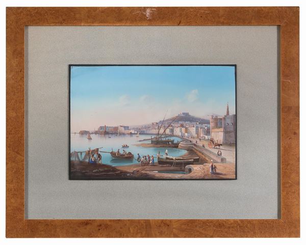 GOUACHE PORTO DI NAPOLI CON FIGURE