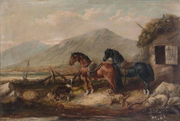 DIPINTO PAESAGGIO CON CAVALLI