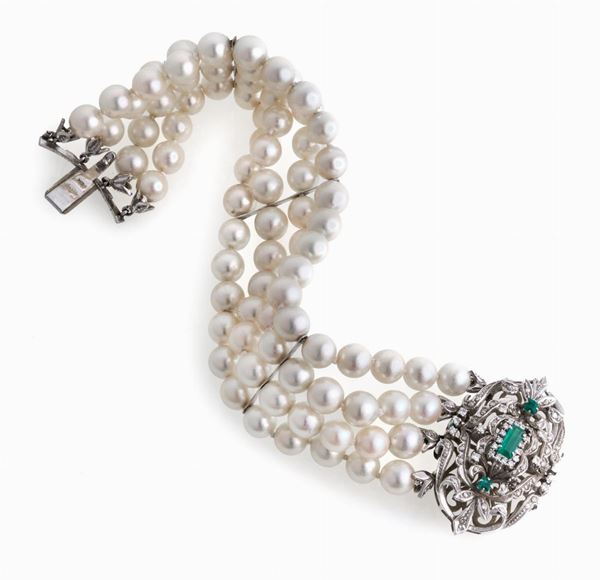 BRACCIALE DI PERLE CON SMERALDI E BRILLANTI
