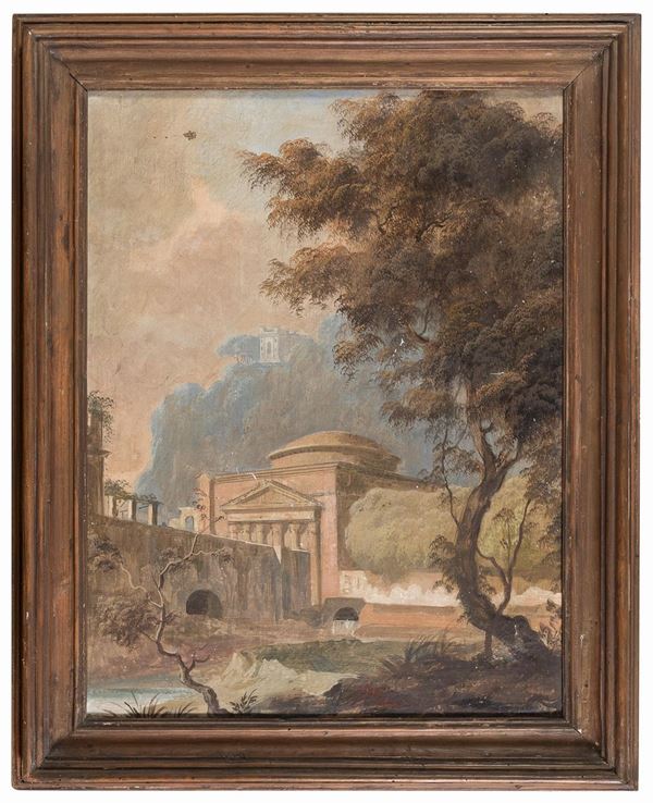 TEMPERA PAESAGGIO CON PANTHEON DI PITTORE BOLOGNESE