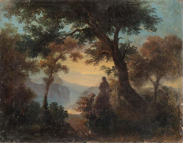 DIPINTO PAESAGGIO CON STATUA CLASSICA