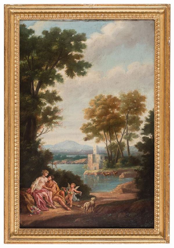 COPPIA DI PAESAGGI CON SCENE CLASSICHE