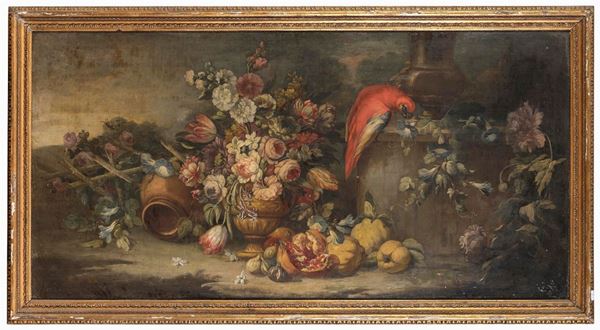 DIPINTO FIORI E PAPPAGALLO DI SCUOLA ROMANA
