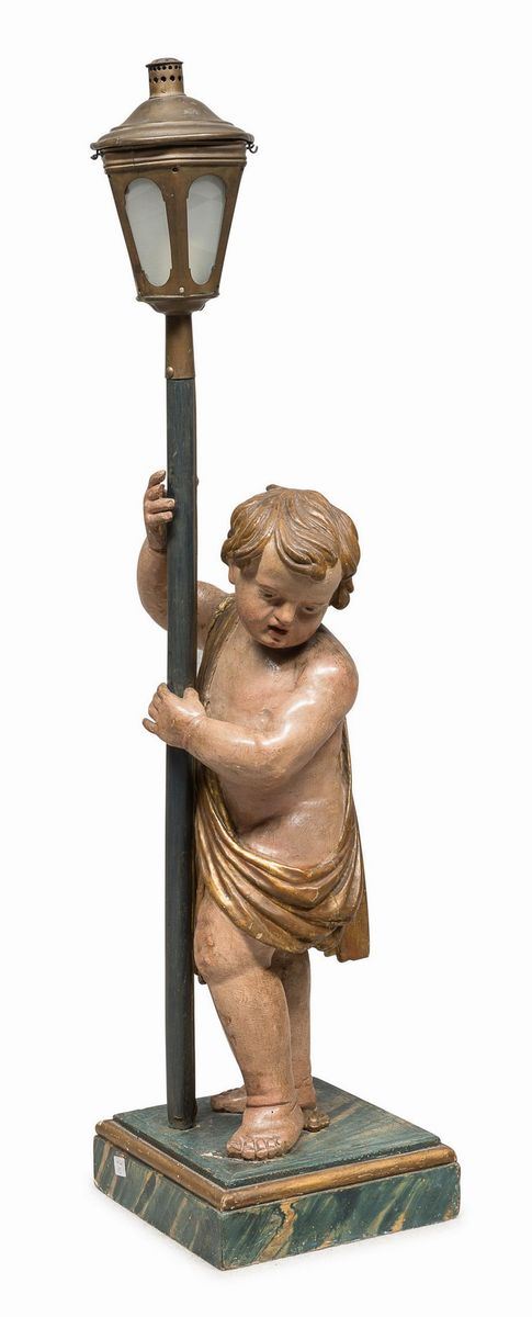 SCULTURA DI PUTTO IN LEGNO LACCATO, XVIII SECOLO