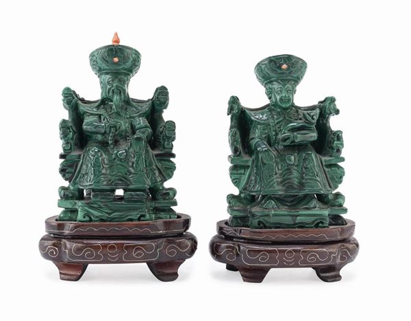 COPPIA DI SCULTURE IN MALACHITE, CINA