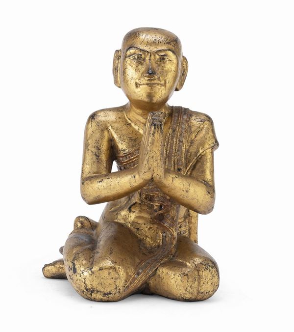 SCULTURA IN LEGNO A LACCA NERA E ORO, BIRMANIA