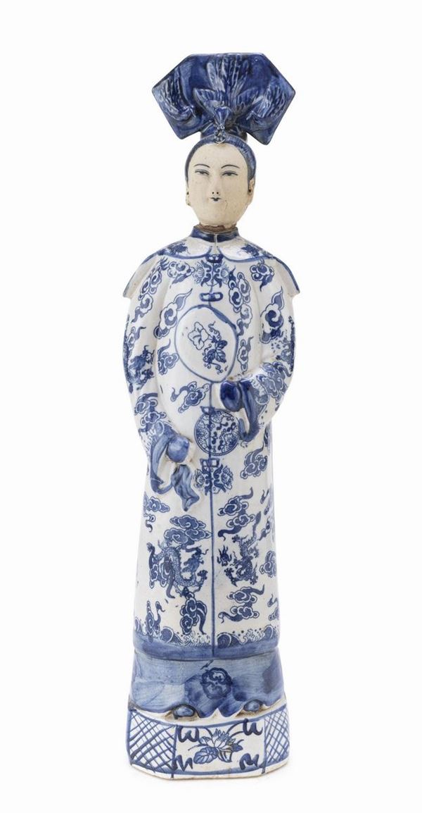 SCULTURA IN PORCELLANA BIANCO E BLU, CINA