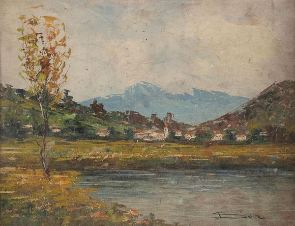DIPINTO PAESAGGIO LACUSTRE MONTANO