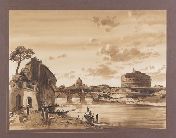 ACQUERELLO IL TEVERE A CASTEL SANT&#39;ANGELO