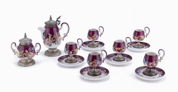 SERVIZIO DA CAFF&#200; IN CERAMICA E ARGENTO