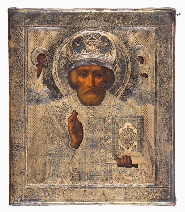 ICONA SAN NICOLA BENEDICENTE CON RIZA IN ARGENTO