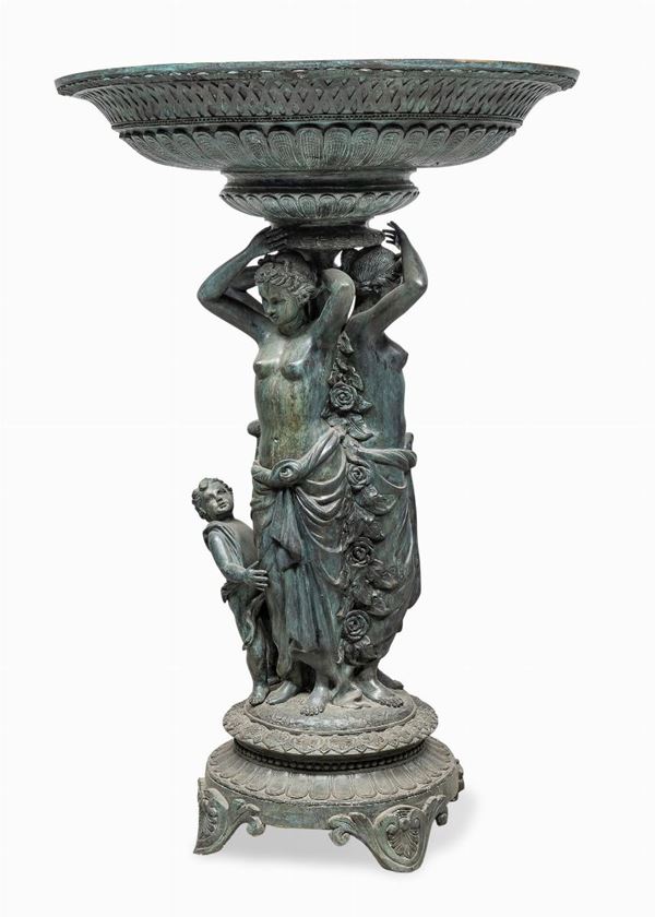 GRANDE VASCA IN BRONZO CON ANCELLE